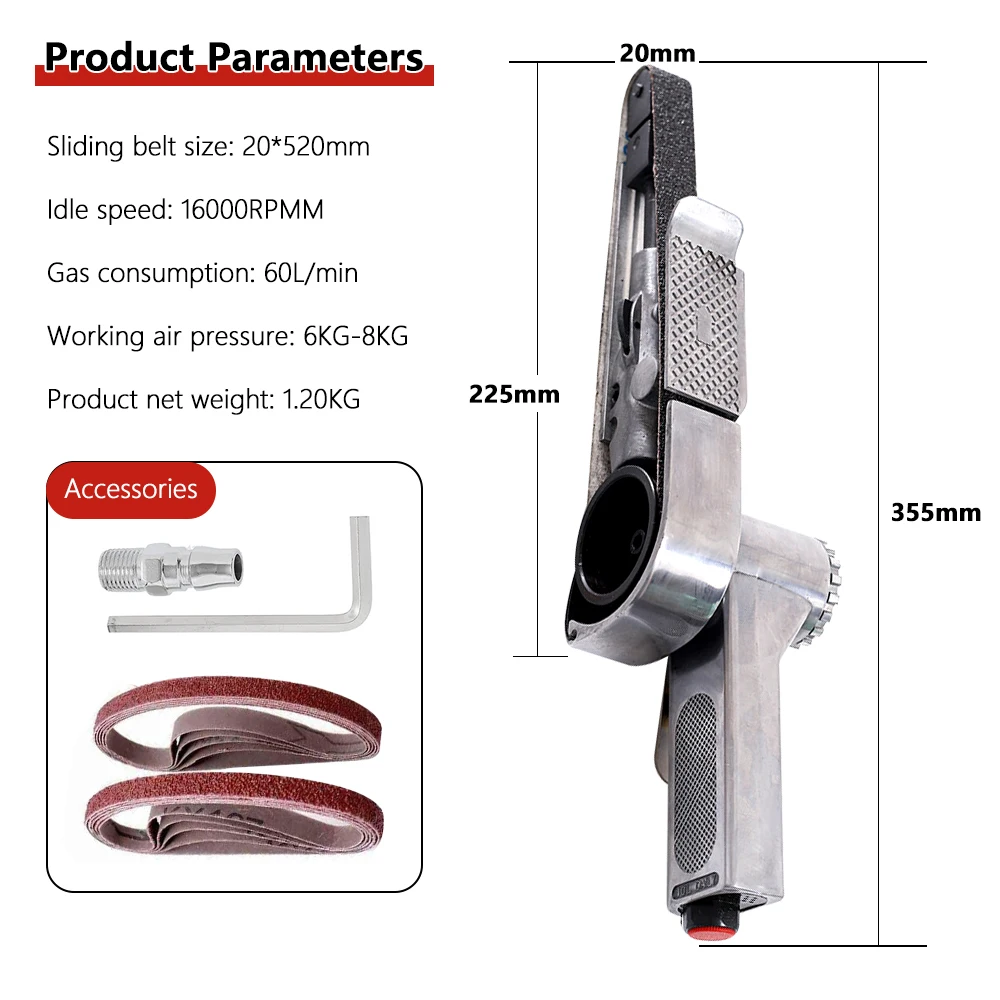 520*20mm Mini Air Belt Sander Sanding Machine Handheld Angle Grinder Polishing Grinding Industrial Pneumatic Tool Air Compressor - view 2