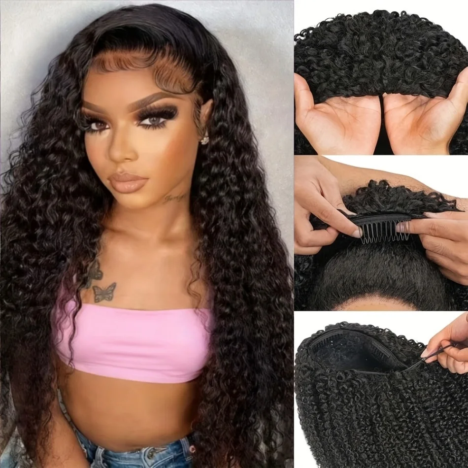 Curly 3 In 1 Half Wig Drawstring Band Wear Go Wig Invisible Hairline Human Hair Wigs Glueless Put On And Go Beginner Friendly Deep Wave Wigs Human Hair Drawstring Headband Wig For Women