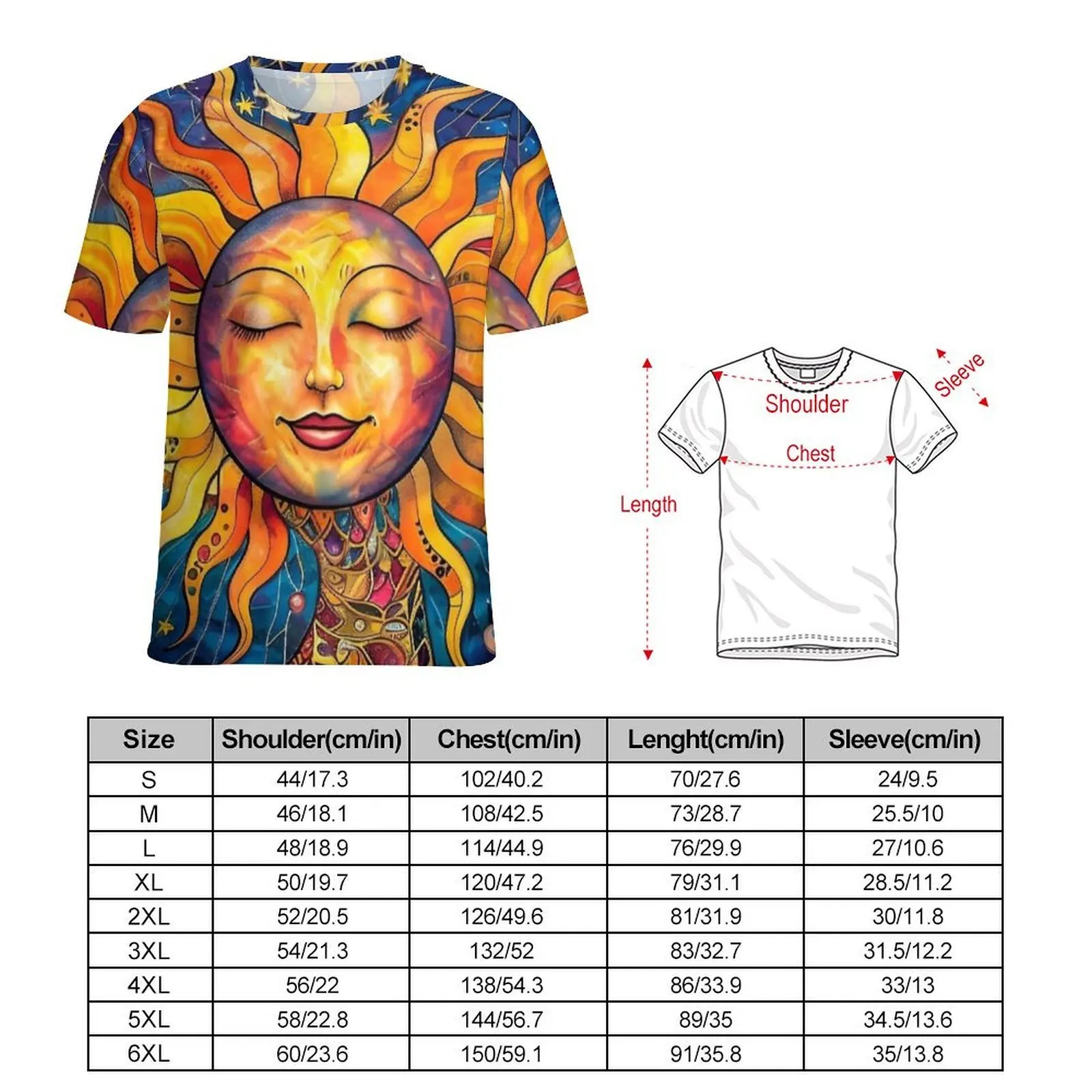 Plus Size T Shirt Summer Vibrant Cosmic Sun Art Print T Shirts  Aesthetic Crew Neck Tee Shirt Mens Harajuku Graphic Tees