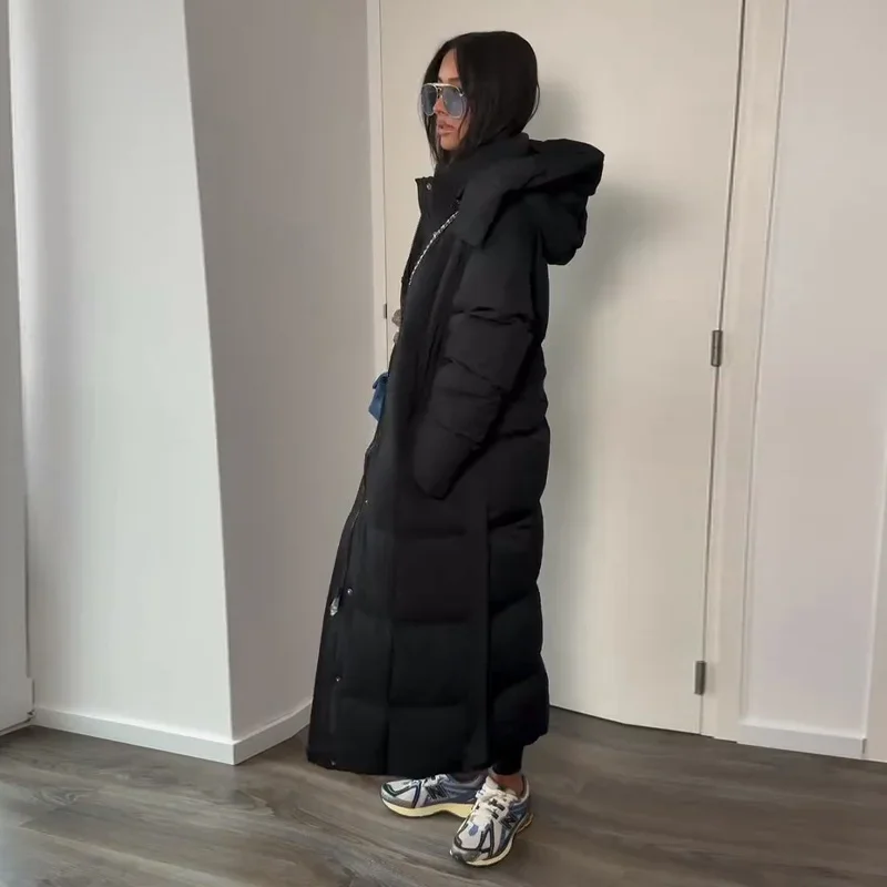 Winternieuw donsjack voor dames, lange lengte, elegant en waardig, tailleontwerp met riem voor afslankeffect, capuchon met een