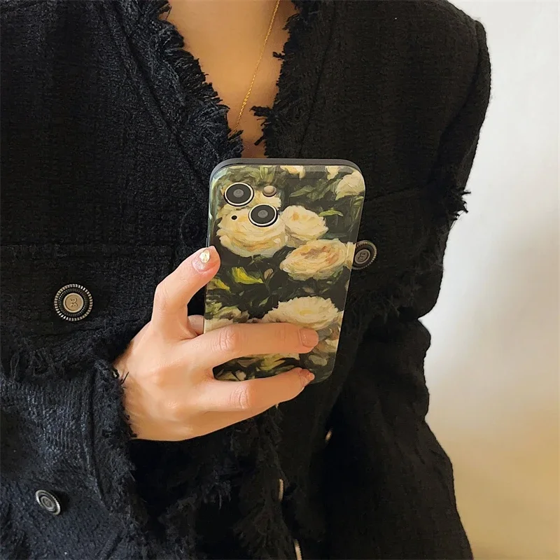 Luxury Dark Green Watercolor Peony Flower Phone Case For iphone 15 14 13 Pro Max The Latest Popular Model Silica Gel Back Fundas