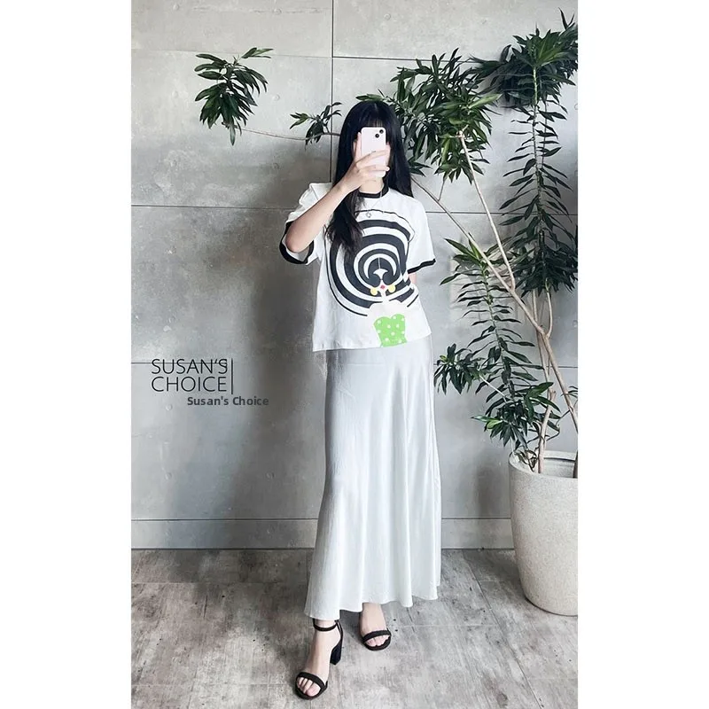 

Susan Faion Casual Cotton ort Sve T-irt White Head Cartoon Pattern All-Match Leisure Summer Top for Young Women