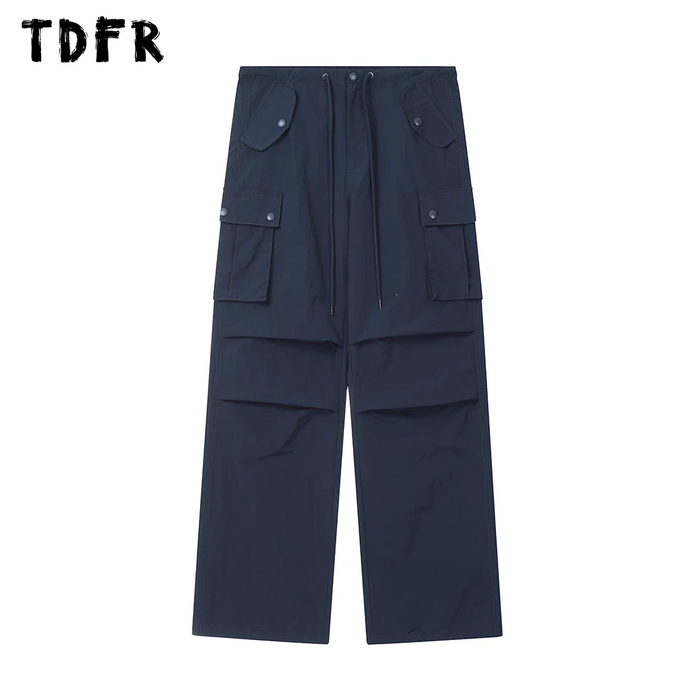 Pocket Solid Color Cargo Pants Mens Streetwear Drawstring Elastic Waist Loose Straight Wide Leg Jogger Pants Men Trousers