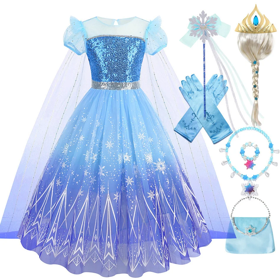 

Girls Elsa Inspired Frozen Princess Costume Dress Cape Full Accessories For Halloween Birthday Party Role Play