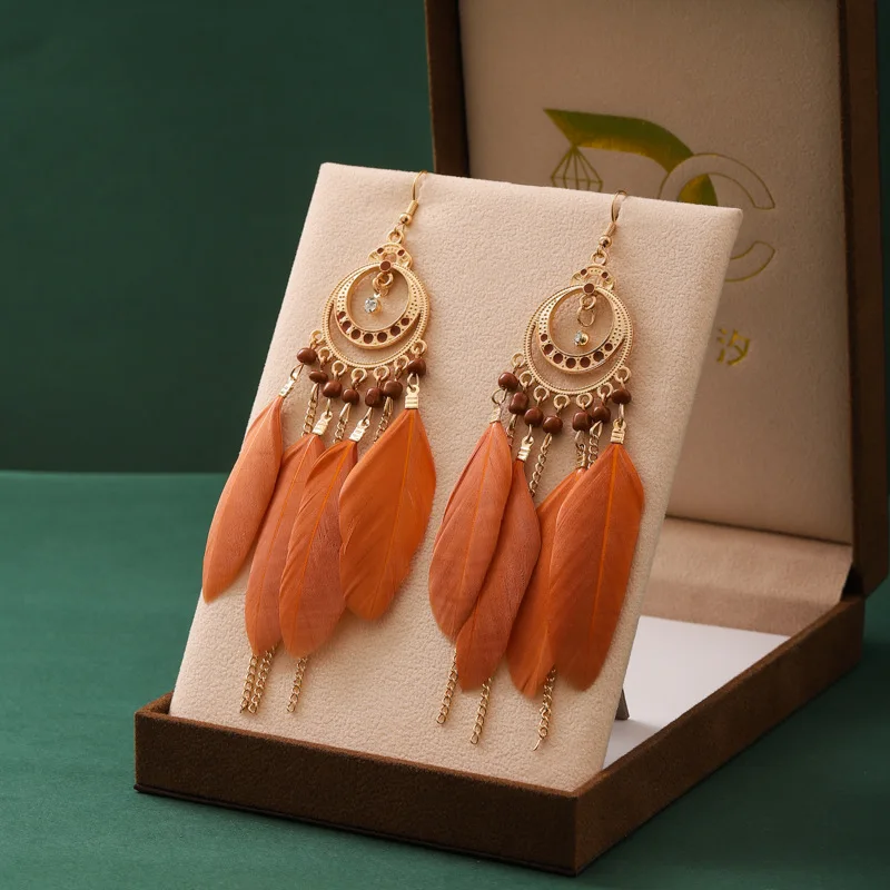 Böhmische lange Feder-Ohrringe für Frauen, klassische ethnische Retro-Temperament-Kette, Blatt-Perlen-Quasten-Ohrringe, Boho-Hochzeitsschmuck – Detail 22
