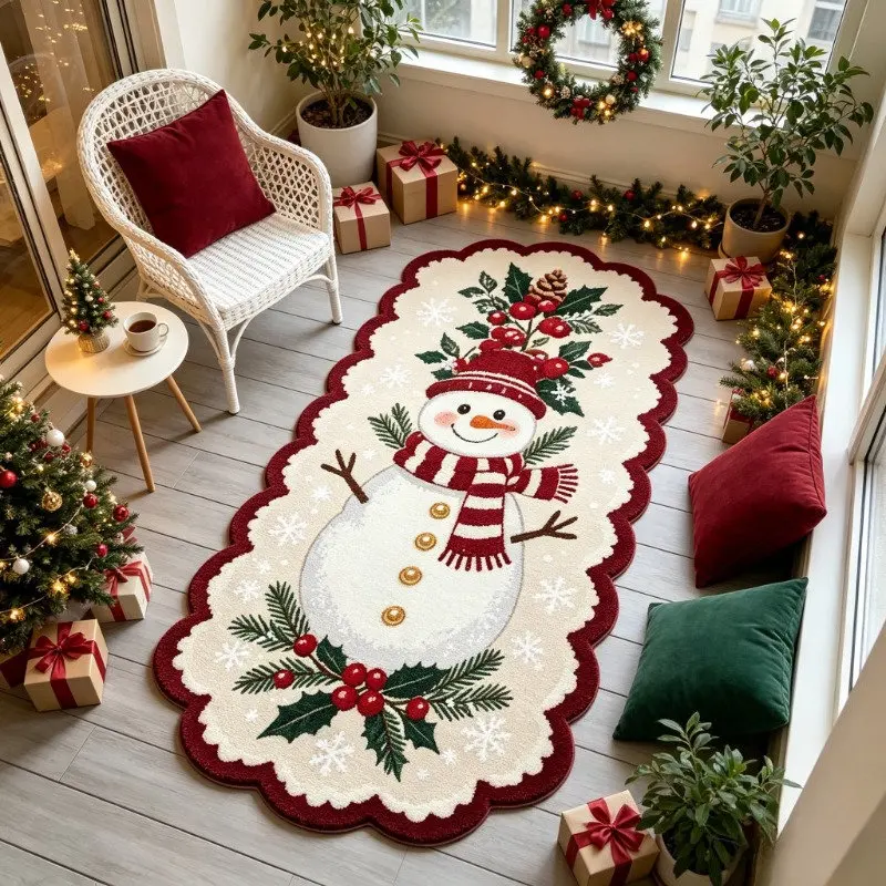 VIKAMA Winter Snowy Path Christmas Runner Rug, Long Flannel Kitchen Carpet, Non Slip Washable Floor Mat with Lit Tree and Lamp