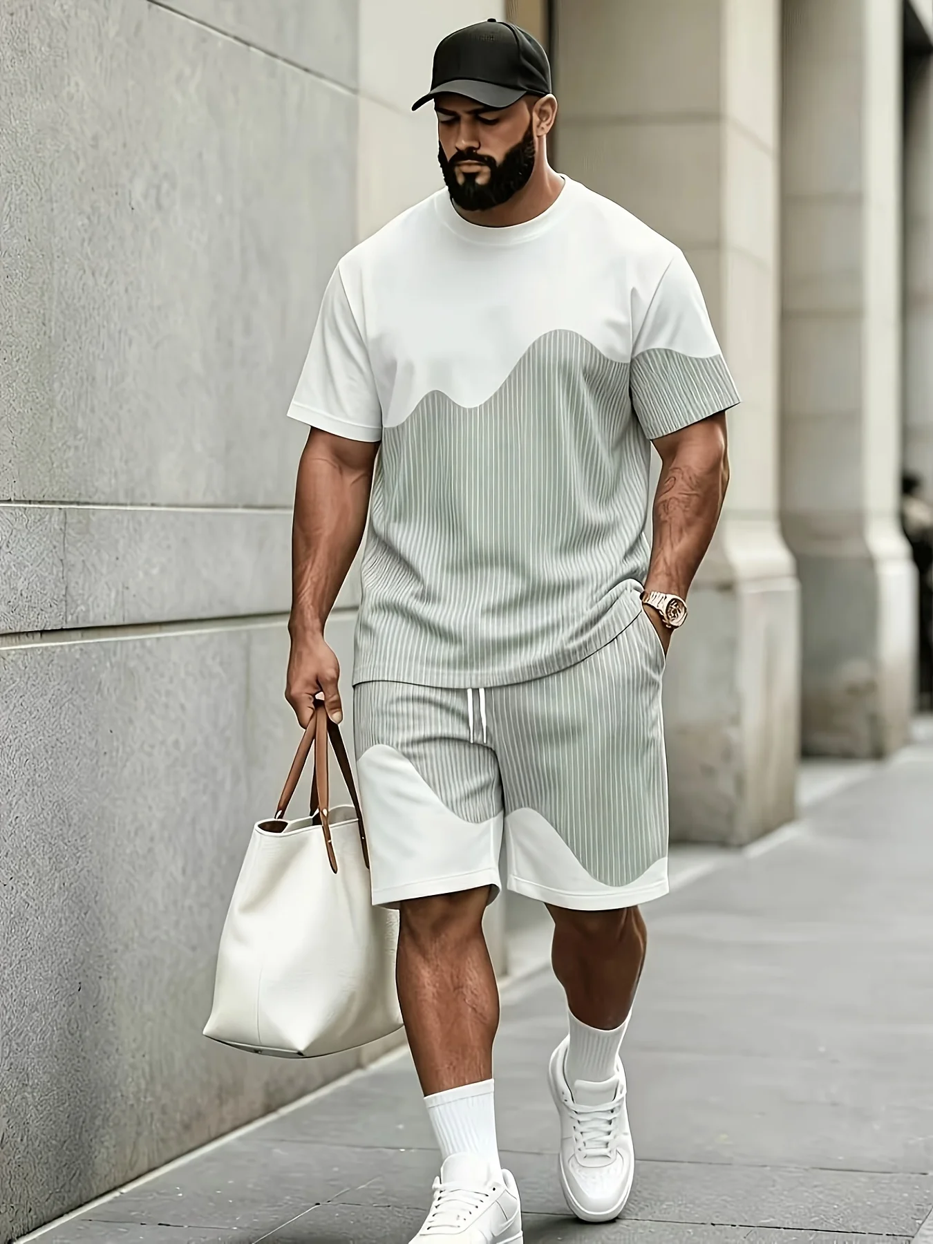 Plus-size Casual Men's Suit Clothing Men's Striped Printed T-shirt and Shorts 2-piece Set Breathable Loose Men's Matching Set - view 4