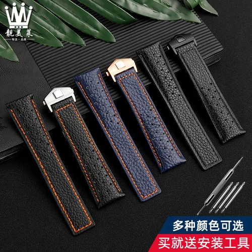 Imagen 2 del producto Correa de cuero genuino para hombre, correa de muñeca con hebilla plegable, transpirable, 22mm, para TAG Heuer Monaco CAW211M 211P CAW211R 211T