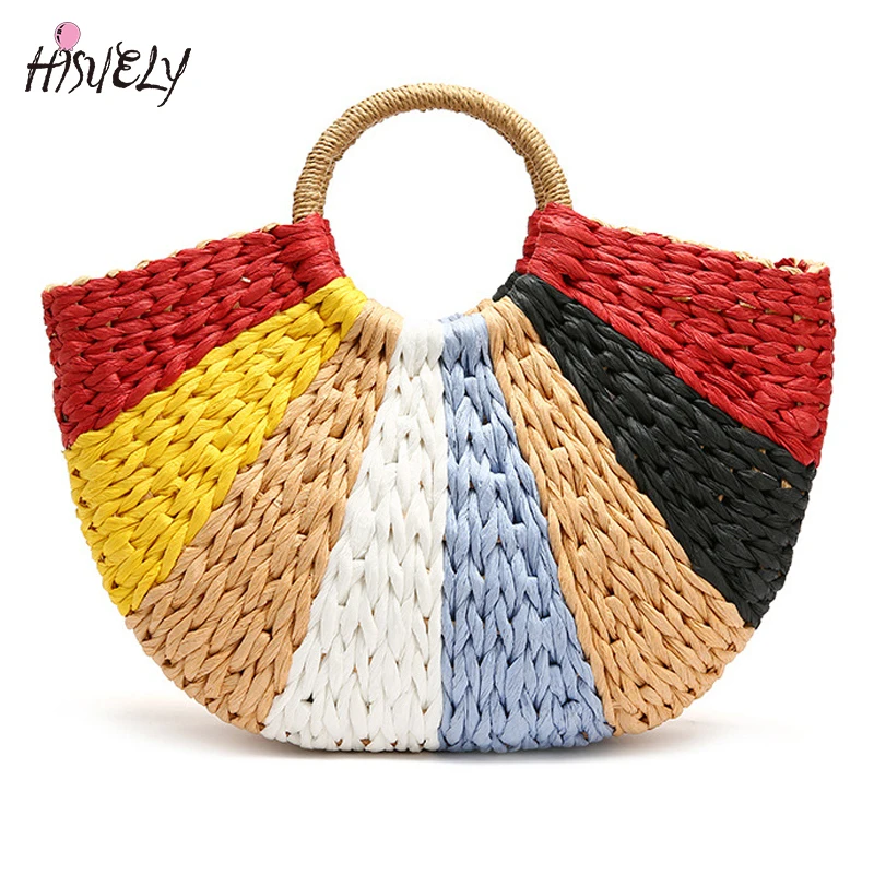 Borsa da donna colorata borsa di paglia di vimini in Rattan borsa semicircolare intrecciata borsa da viaggio Casual femminile di grande capacità