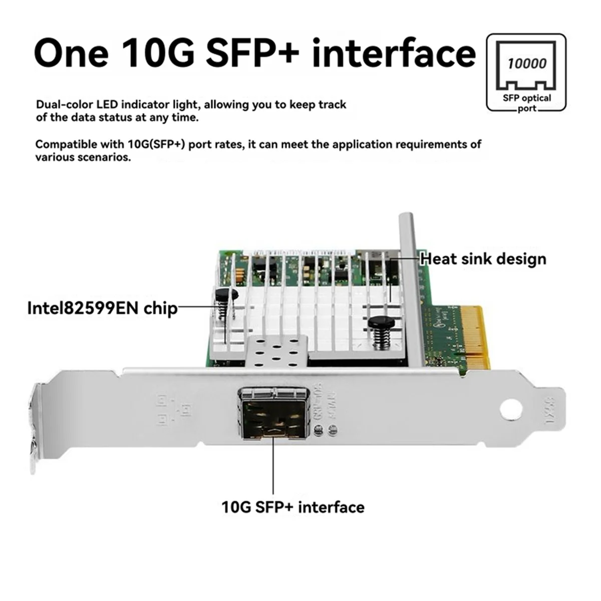A49T PCIe X8 10G SFP+ Ethernet Network Card Adapter 82599EN Single Port Fiber Adapter Optic Module for Linux Servers