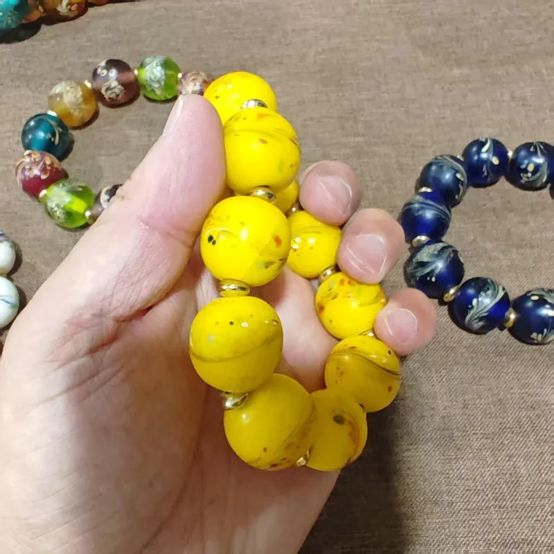 Handcrafted Unisex Elastic Retro Bohemian Bracelet Assorted Swirl Pattern Round Lampwork Glass Beads Gold Spacers Wrist Jewelry