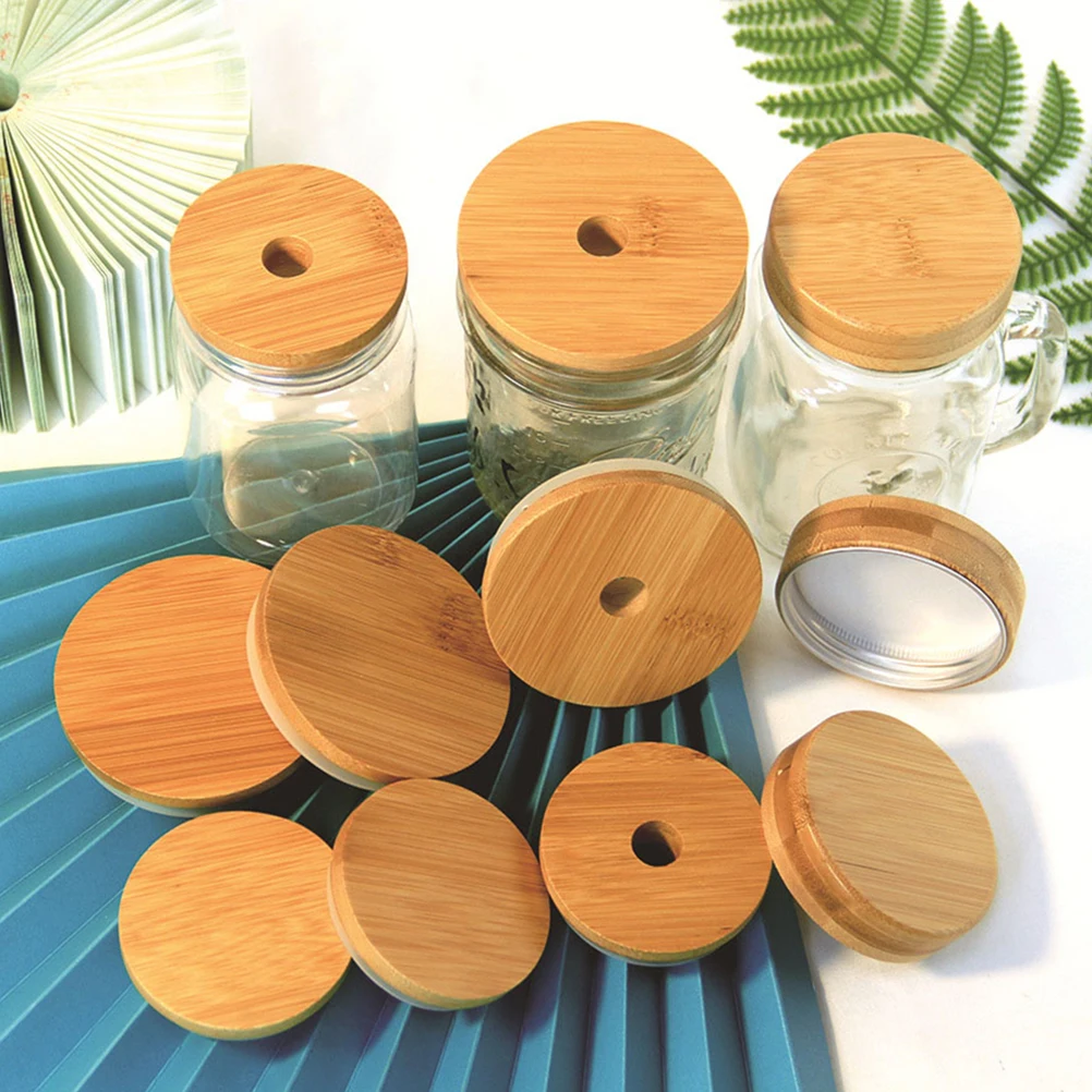 

8 pcs Bamboo Lids For Mason Jar Storage Can Lid With Straw Hole Detachable Silicone Ring Canning Jar Lid Reusable Cover For