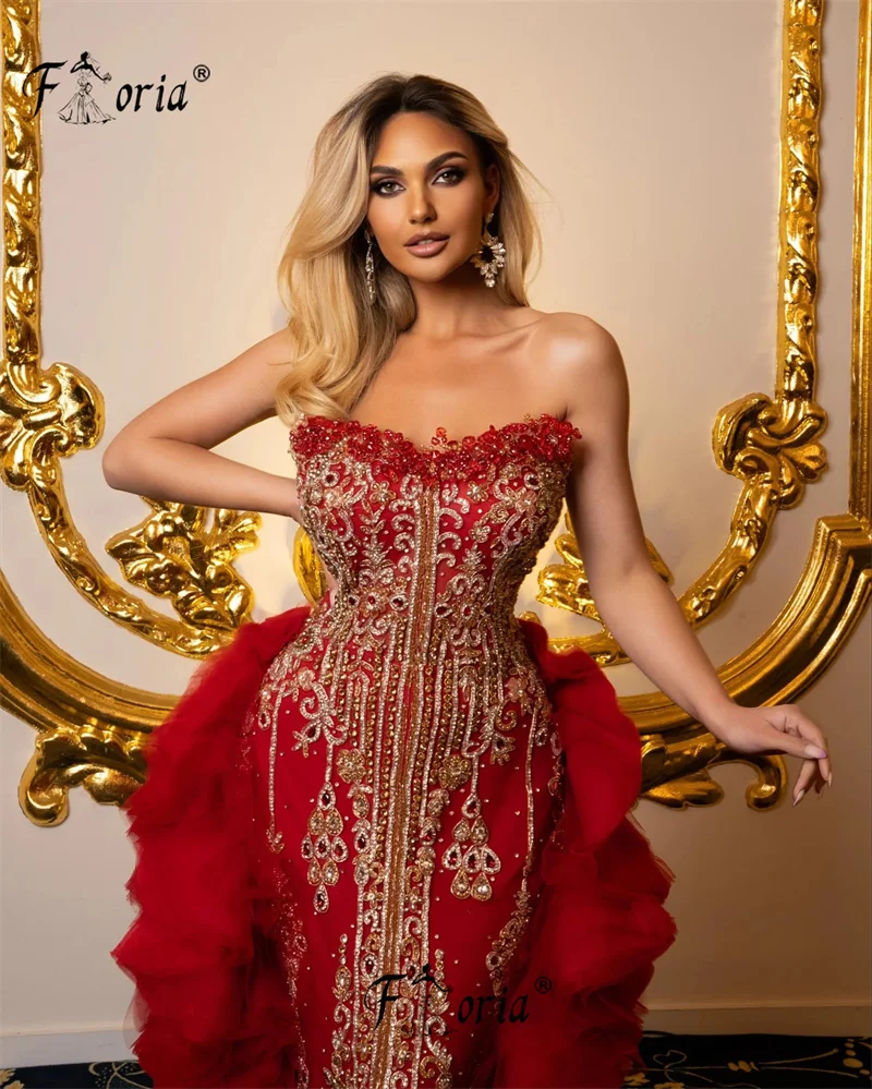 Luxury Crystal Beads Mermaid Evening Dresses Red Dubai Emboidery Handmade Party Prom Gown with Long Ruffled Train Vestidos Gala