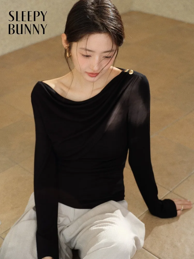 

Women Draped Cowl Neck T Shirt Ruched Waist Long Sleeve Top Slim Fit Stretch Tee Elegant Spring Casual Layering Shirt Lady Chic