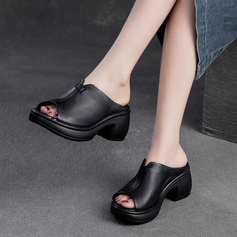 DRKANOL Fashion Women Genuine Leather Slippers Summer Open Toe Platform Casual Slides Shoes Thick High Heel Slip On Slippers