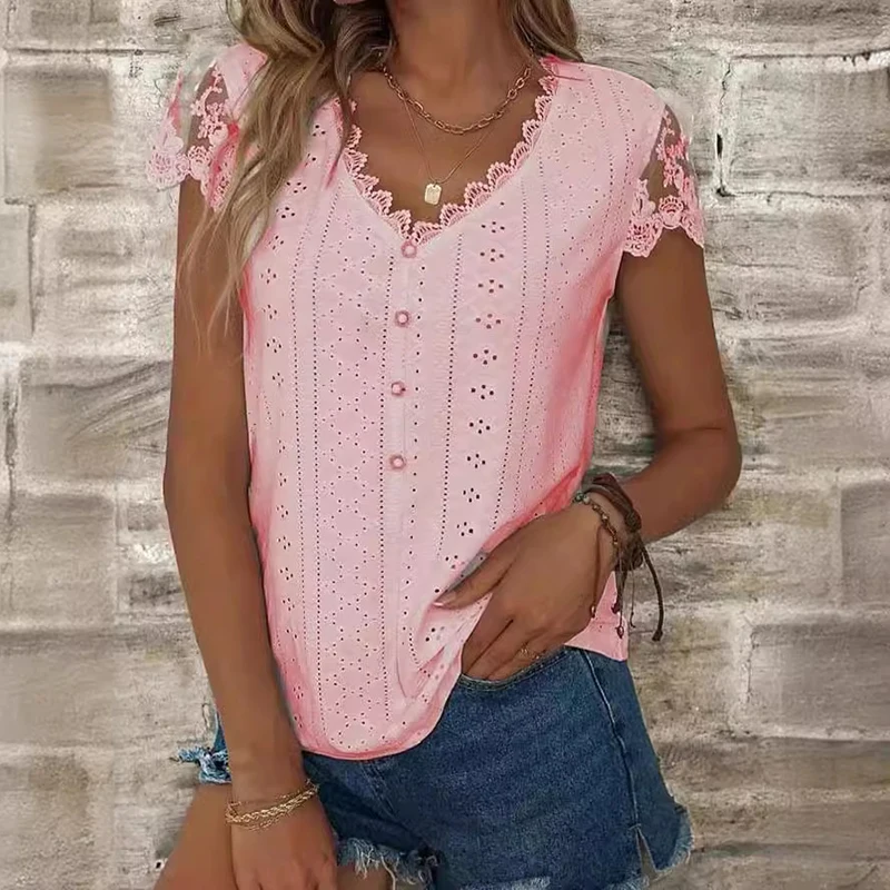 Frauen Sommer Mode V-Ausschnitt Spitze Hemd Frauen Kurzarm T-Shirts lose T-Shirts lässig weiß grün Hemd für Frauen 2024
