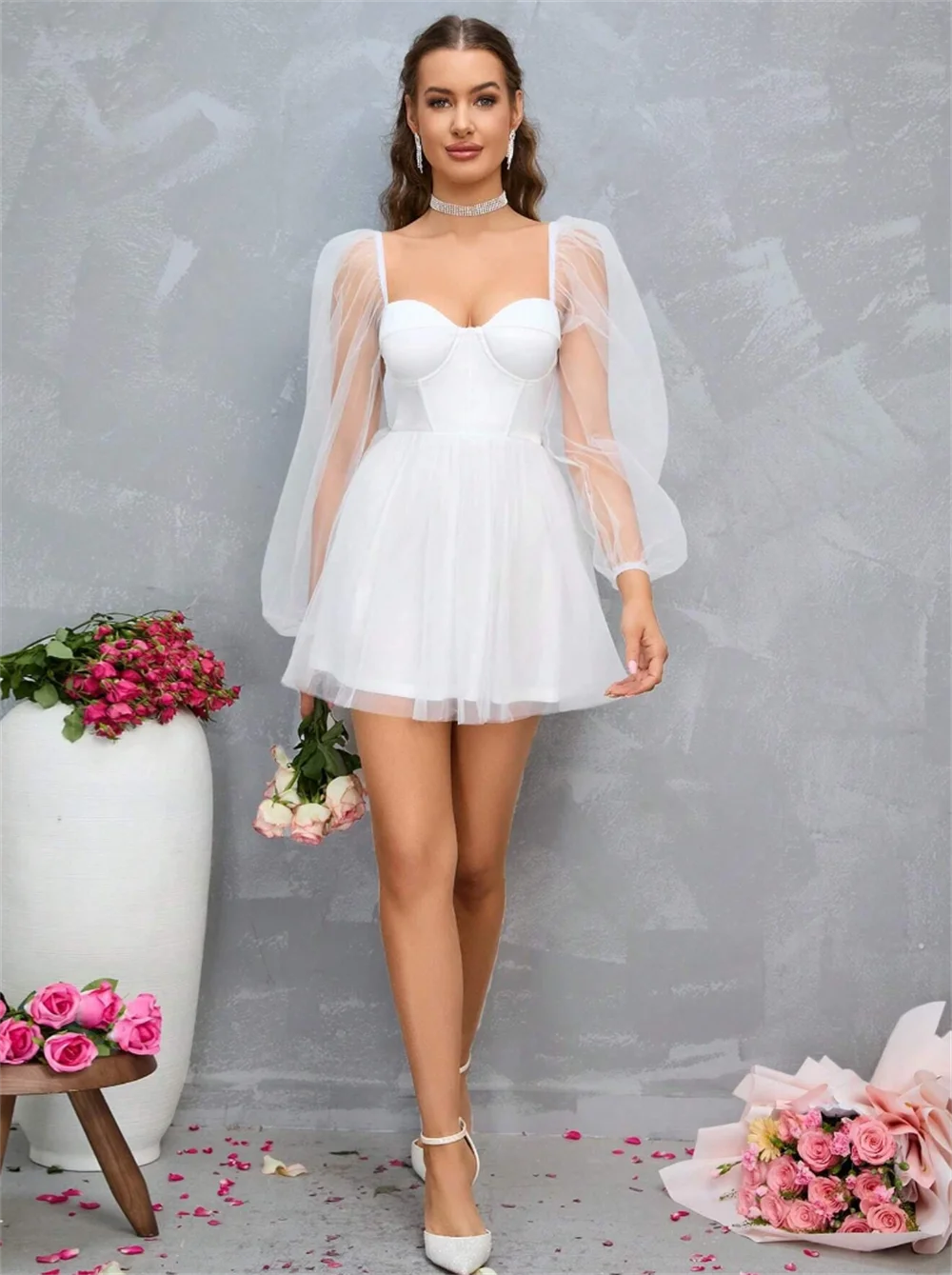 Annie White Long Sleeve Tulle Prom Dresses Strapless Mini Short Evening Dresses Formal Occasions Princess Wedding Party Dress