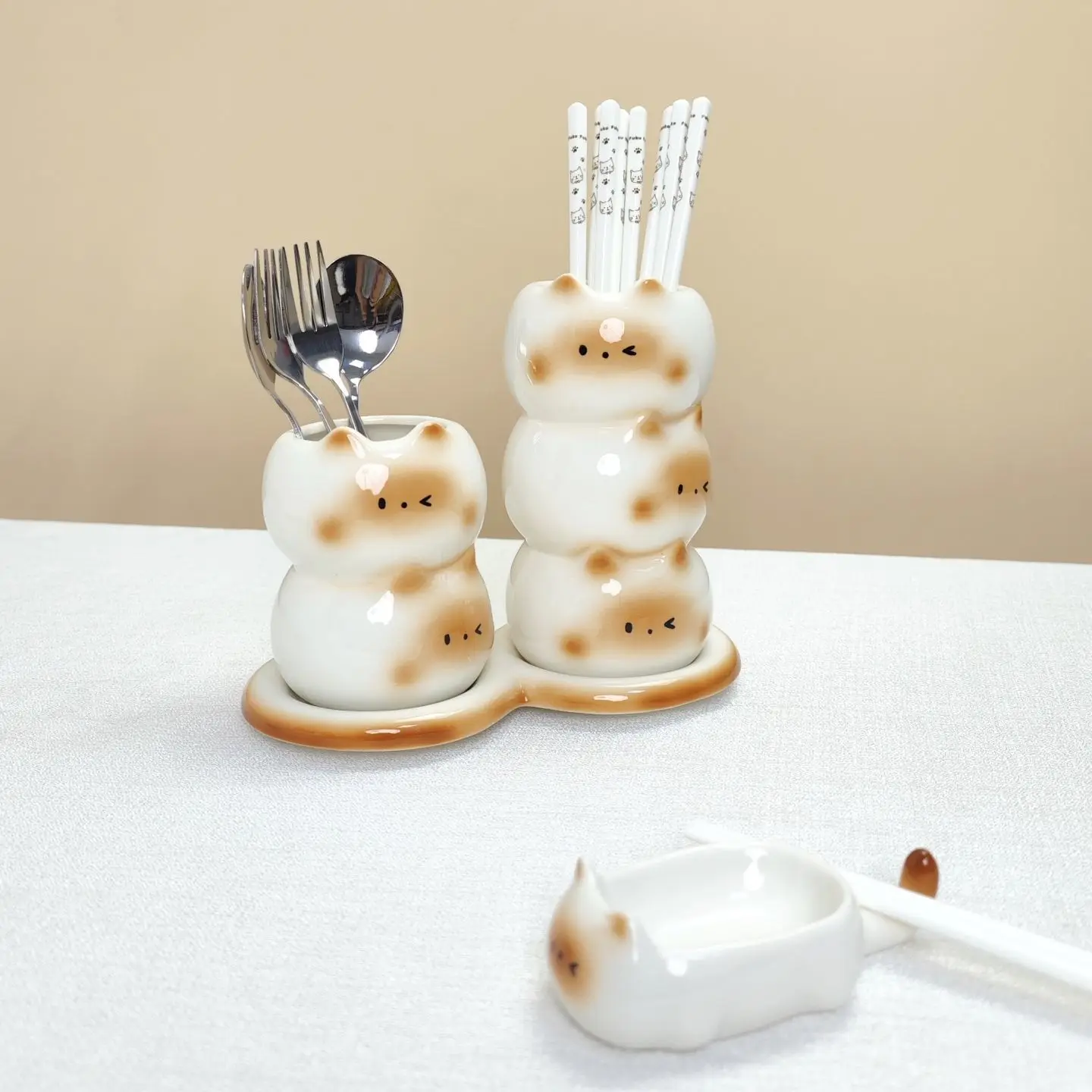 Handmade Ceramic Siamese Cat Chopstick Holder Kitchen Utensil Caddy Drainage Storage Rack Cute Spoon Fork Organizer Gift Box