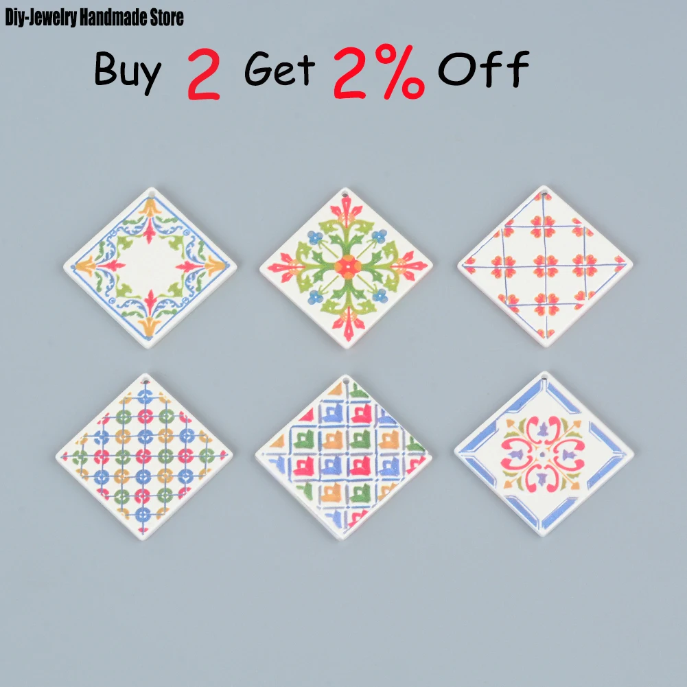 10pcs/lots Square Colorful Flower Painting Flat Acrylic Pendants Plate Jewelry Accessories Handmades Fashion For DIY Earrings