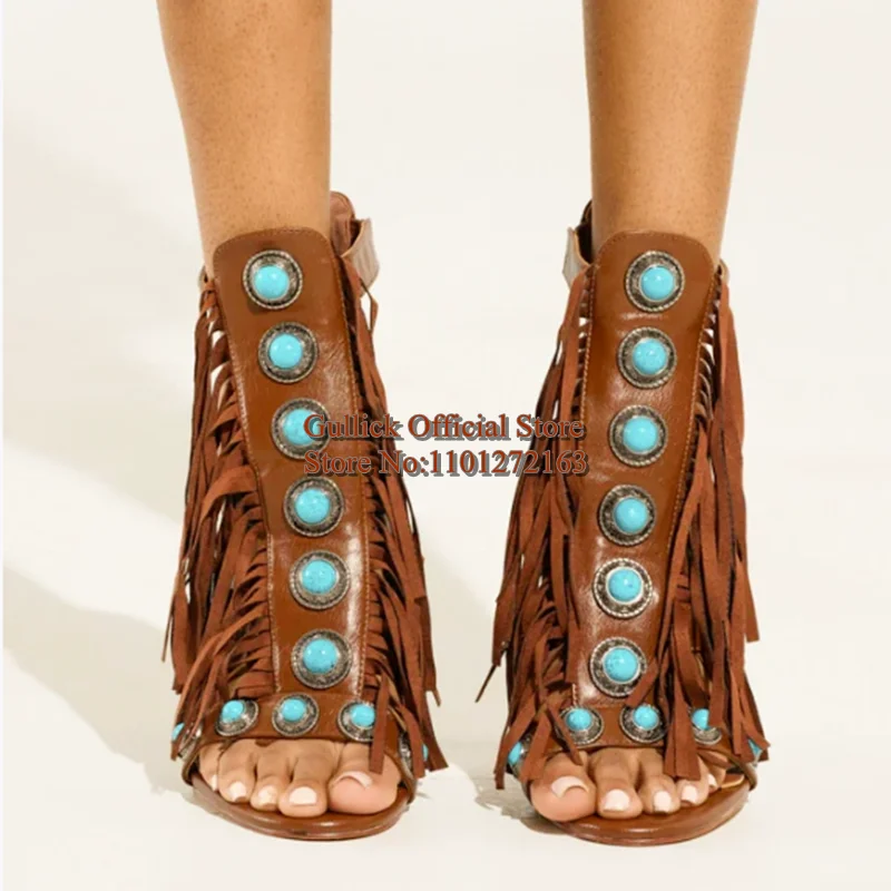 

National Style Open Toe Women Fringe Sandals Black Brown Leather Thin Heels Hollow Cutouts Cage Shoes Back Zipper Female