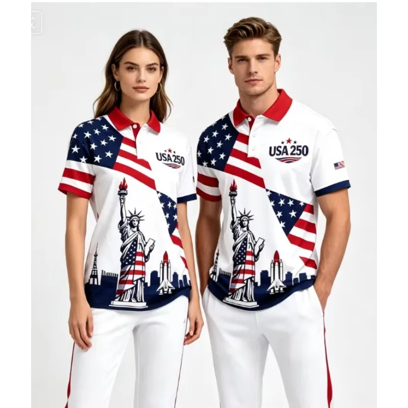 Men Women USA 250 Statue Of Liberty Print Couple Polo Shirt American Flag Patriotic Casual Sportswear For Independence Day Polo