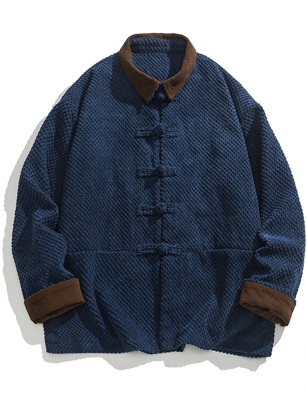 

Loose Fit Corduroy Jaet Men's Sle Button up Chinese Collar Outerwear Autumn Winter Textured Sensation Faionable Top