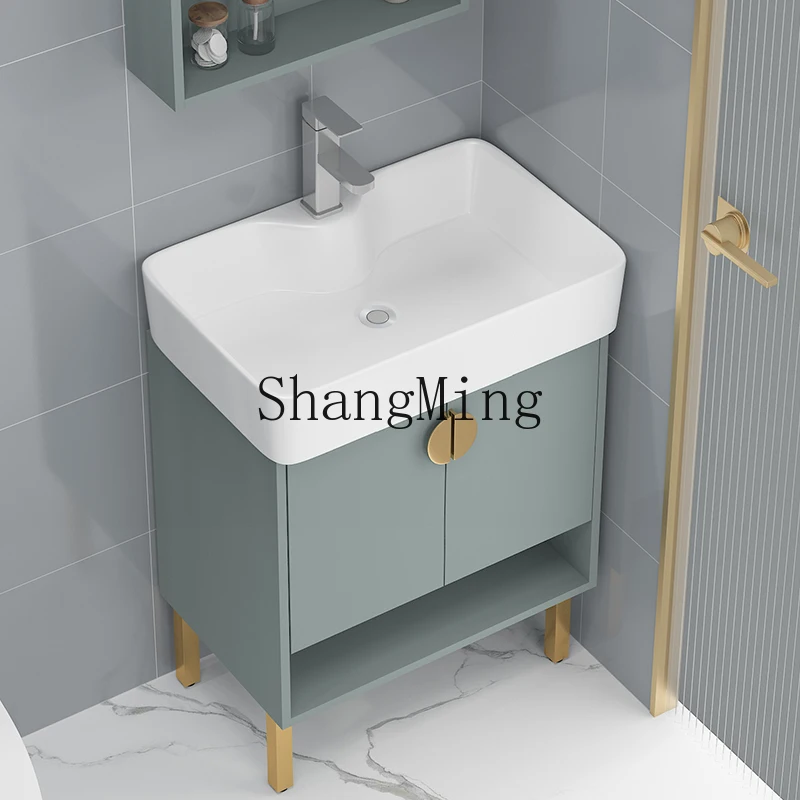 

HJ new small apartment bathroom solid wood wash basin cabinet ceramic integrated floor type face basin