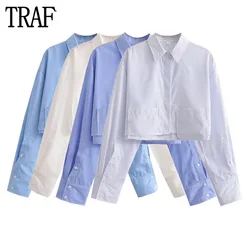 TRAF 2023 Striped Shirts for Women Summer Crop Top Female Long Sleeve Oversize Shirts and Blouses Women Pockets Button Up Shirts