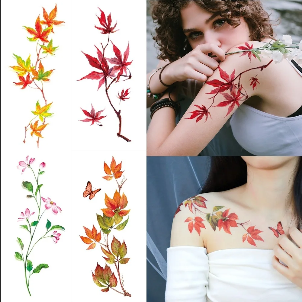 4 Sheets Color Flower Temporary Tattoos for Women Leaf Tattoo Stickers For Hand Arm Chest Body Decor Waterproof Fake Tattoo