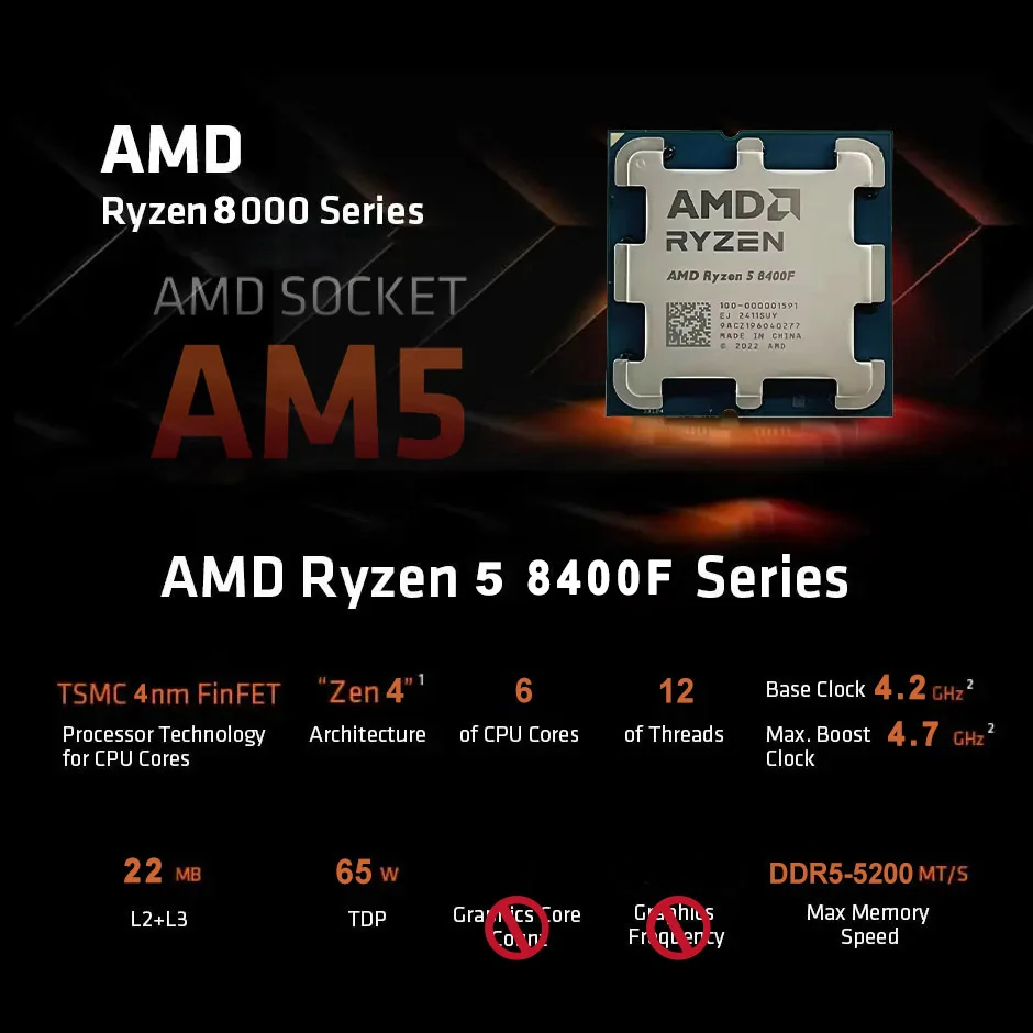 New AMD R5 8400F Ryzen 5 8400F 6 Cores 12 Threads 4.2GHz Desktop computer processor with AM5 Socket CPU