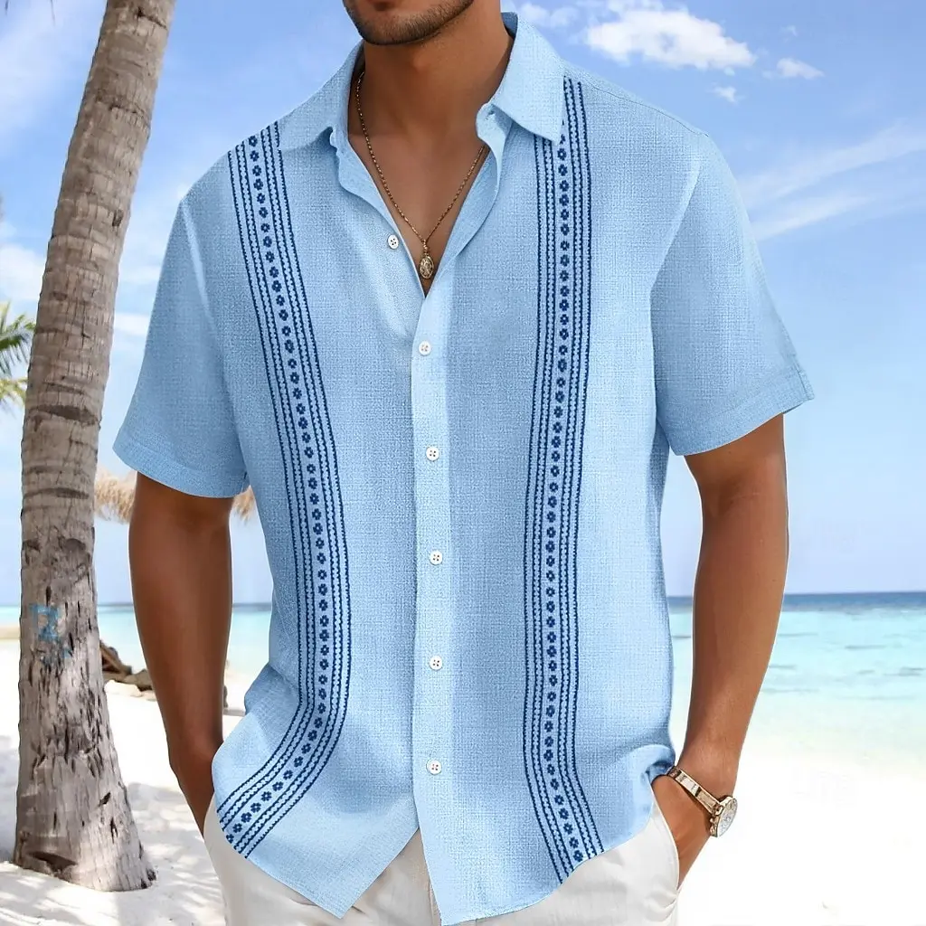 

Men's Vertical Stripe Short Sleeve Button Down Shirt – Casual Beach Top For Summer Vacation & Daily Casual Wear
