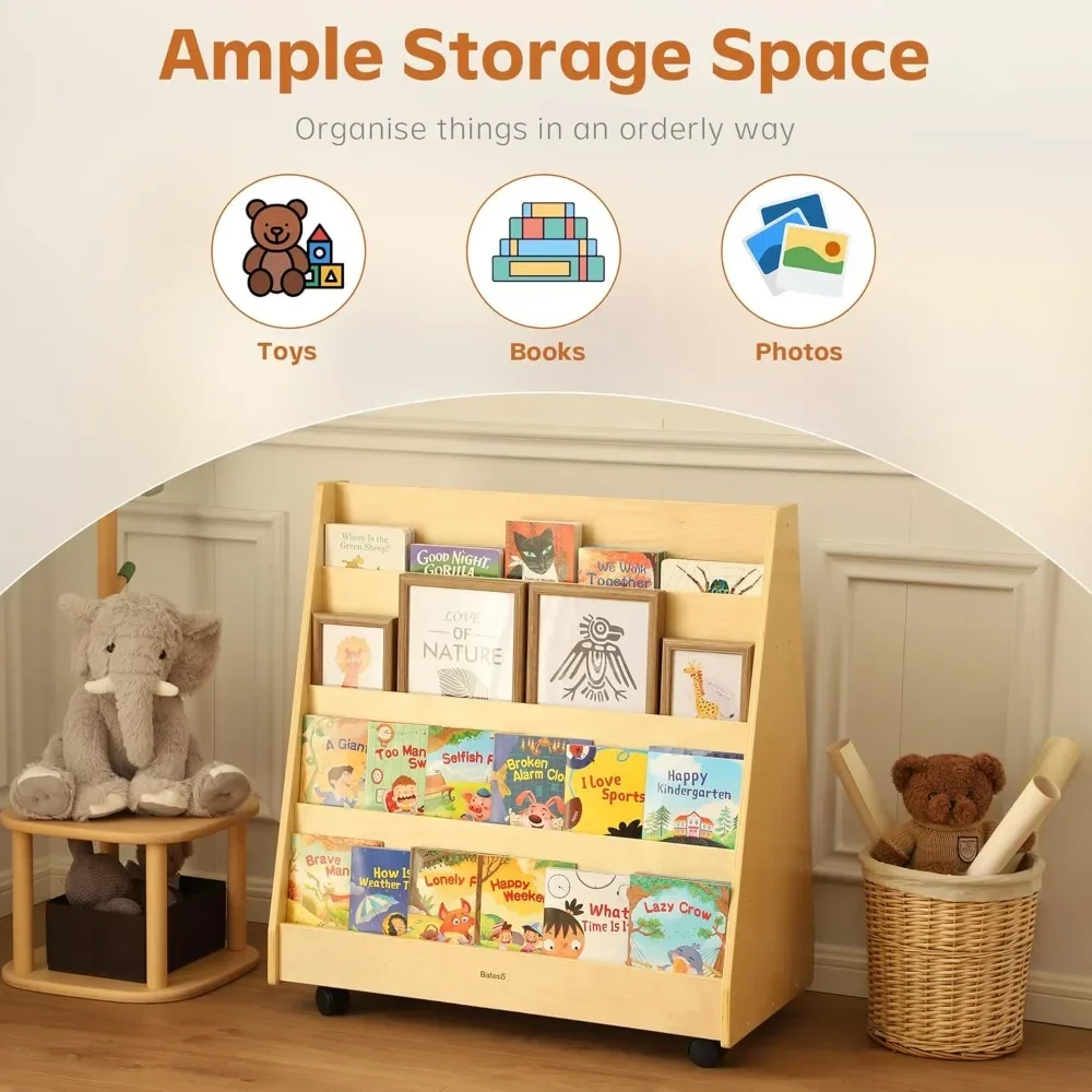 Double-Sided Bookshelf with Wheels, Wooden 4-Layer Toddler Bookshelf, Children's Magazine Storage Shelf, Ideal for Playrooms