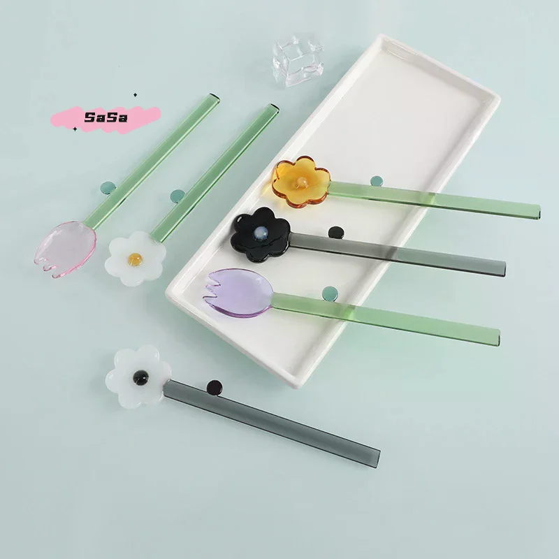 Long Handle Glass Spoon Creative Transparent Glass Dessert Spoon Flower Shaped Colored Coffee Stirring Spoon Stick Bar