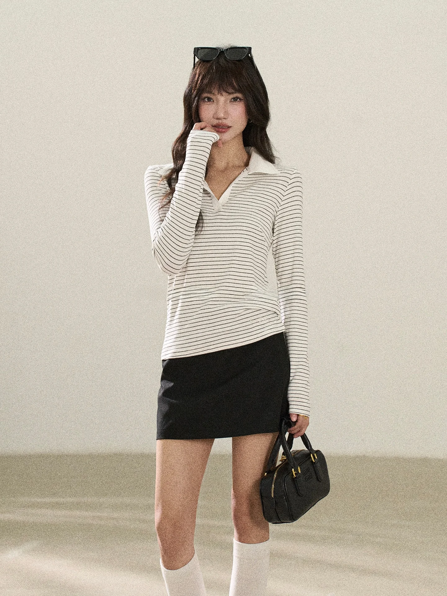 

High-End Feel Stripe Long Sve T-irt Collared Women's Spring Faion Korean Sle Pure Color Polyester Blend