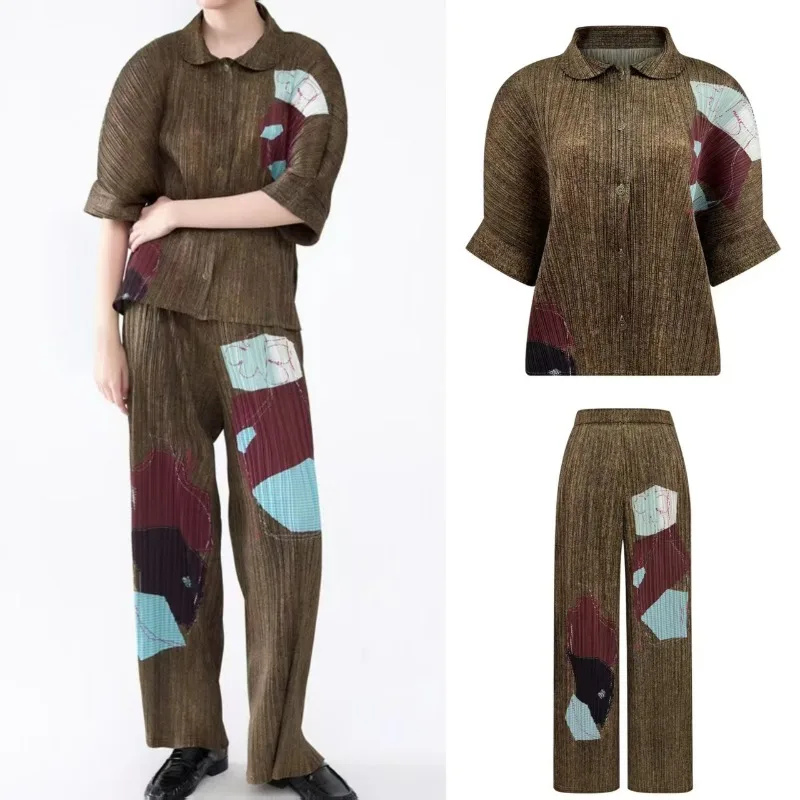 

Комплект плиссированных брюк Miyake, новинка лета 2026, джинсовый кардиган с короткими рукавами и принтом ветра, топы, женские прямые брюки, комплект из 2 предметов, женский