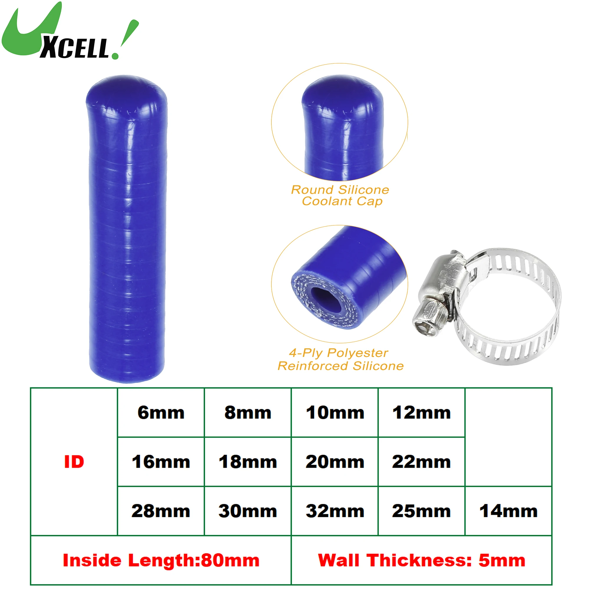 

UXCELL 6mm-32mm ID 80mm Long Silicone Hose Cap Intake Hose W/ Clamp for Coolant Heater Bypass Vacuum Water Port Blue