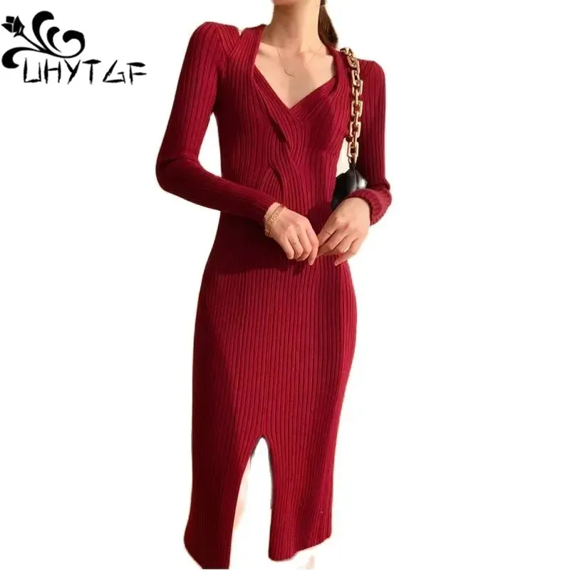 

Sexy Hollow off-Shoulder Female Slit Knitted Dress Deep V Neck Long Sleeve Maxi Dresses Lady Beach Vocation Party Vestidos 481