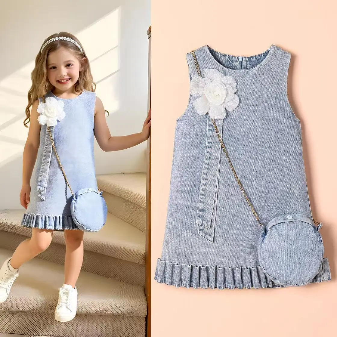 

Summer Korean Version Girls Sleeveless Three-Dimensional Flowers Denim Dress With Bag Middle Child Two-piece Set 4-7 Year