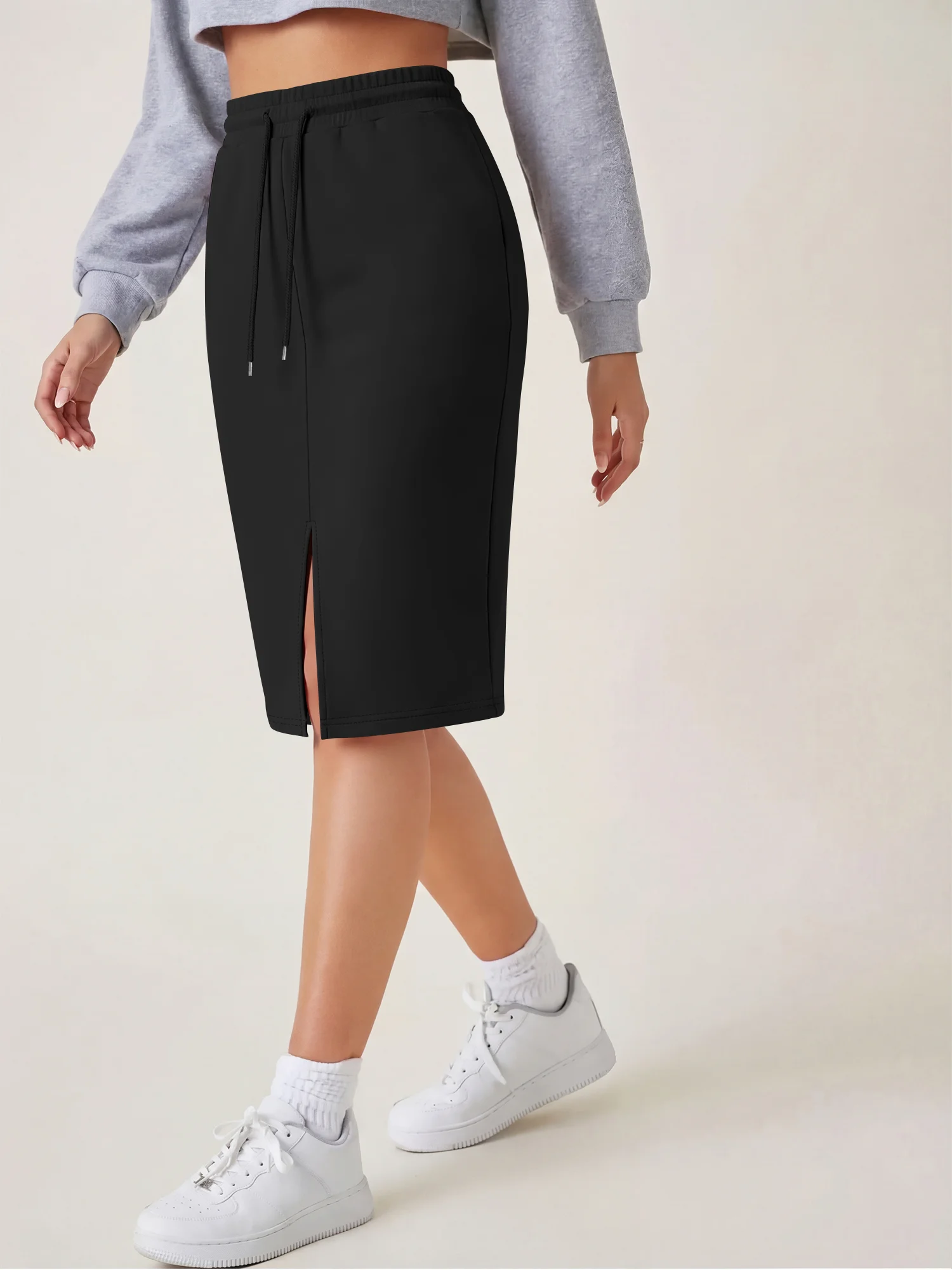 

2026 Trendy Women High Waist Midi Skirt Drawstring Elastic Waist Front Slit Casual Sweat Skirt For All Seasons