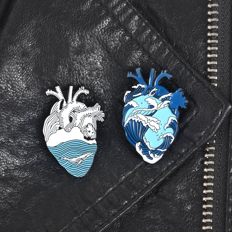 Sea and calm waves ocean shaped heart Enamel Brooch Syring Heart Stethoscope Pins Lovely Backpack Lapel Badge Jewelry Gifts