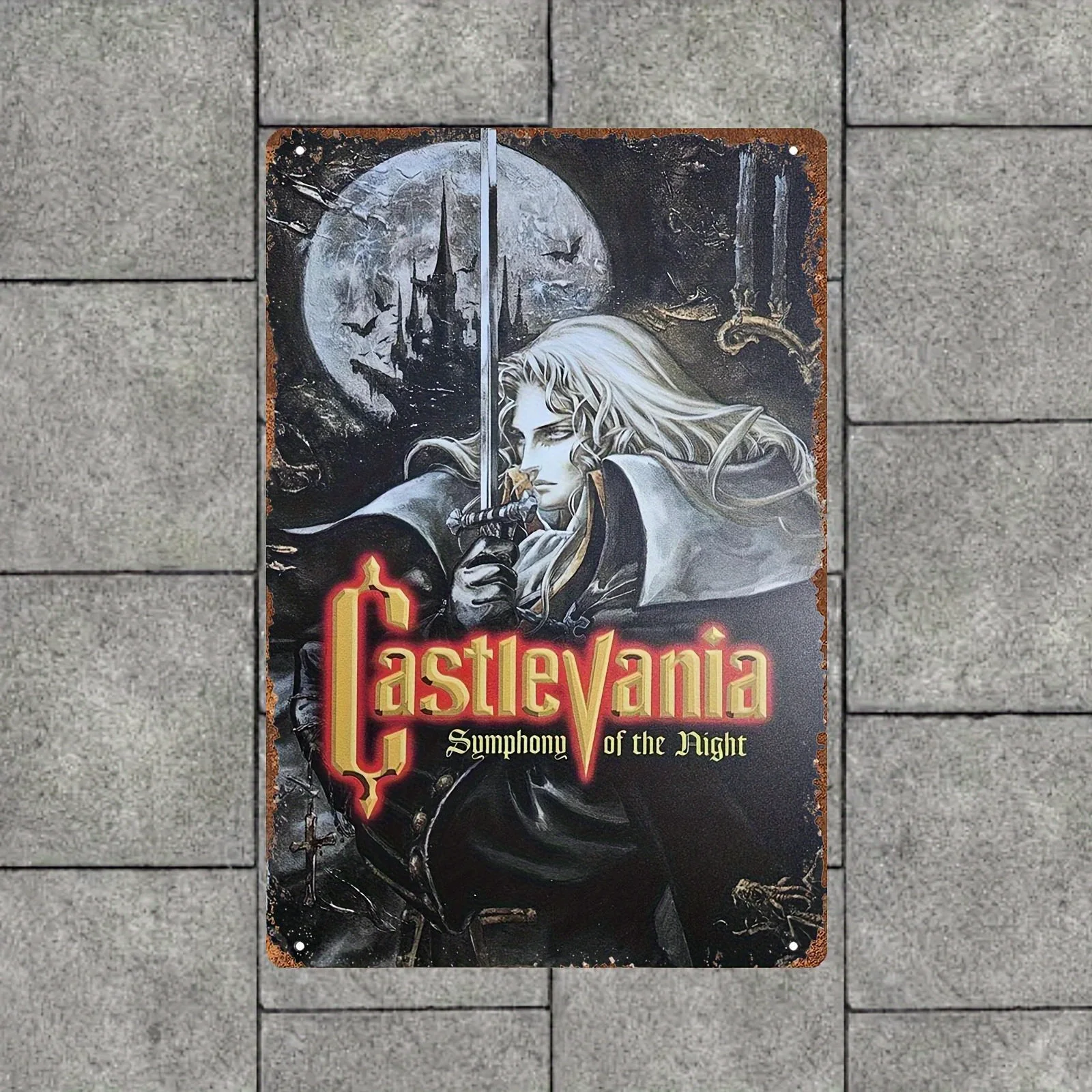 Retro Castlevania Tin Sign - Gothic Vampire Design with Sword & Castle, Iron Metal Wall Art for Gaming Room, Bar, Cafe, Home De