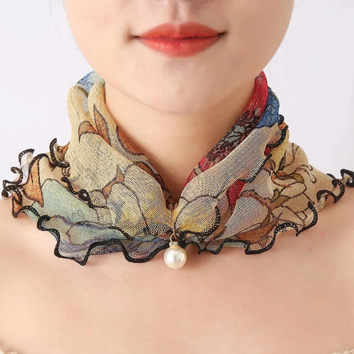 Women Fake Pearl Pendant Neckerchief Print Lace Fake Collar Chiffon Bib Necklace Korea Fashion Summer UV Resistant Ring Scarf