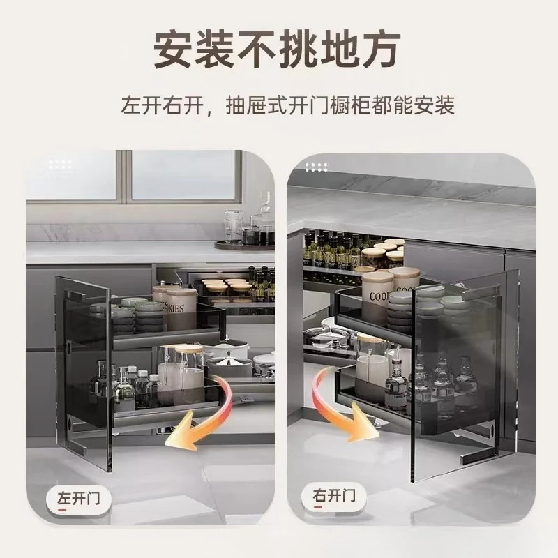 Corner basket half open small door opening kitchen cabinet corner rack storage little monster floor cabinet rotating bowl basket
