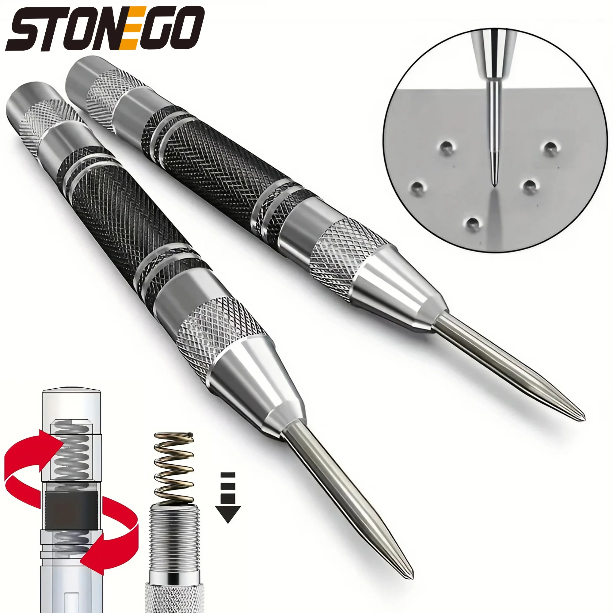 STONEGO 1PC 5 Inch Automatic Center Punch - 5 inch Heavy Duty Steel Spring Loaded Punch Tool for Metal, Wood, Glass, Plastic