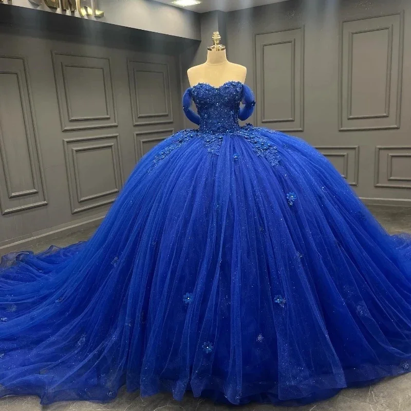 الأزرق الدانتيل متابعة خمر يزين فساتين Quinceanera الكرة ثوب قبالة الكتف سباركلي أنيقة مشد فساتين عيد ميلاد