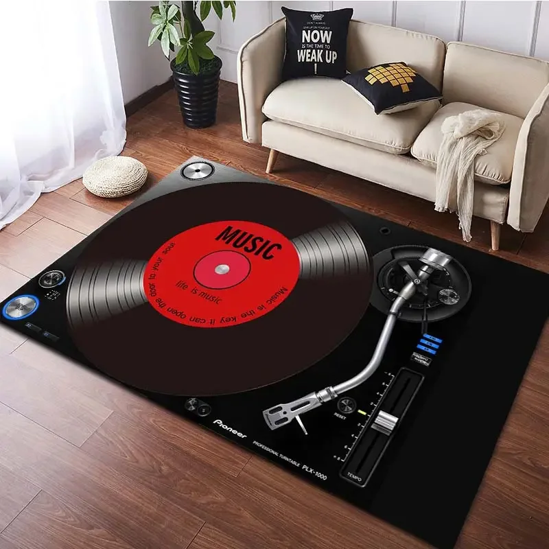 

Retro Vinyl Record Player Rugs Music Theme Design Pioneer Brand Life Is Music Text for Modern Living Room Decor