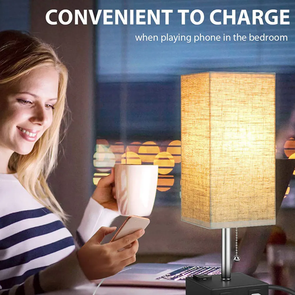 

Настольная настольная лампа с черным абажуром и двумя портами USB, лампа с двумя портами USB, 3-контактная розетка для спальни, гостиной, домашнего декора E26