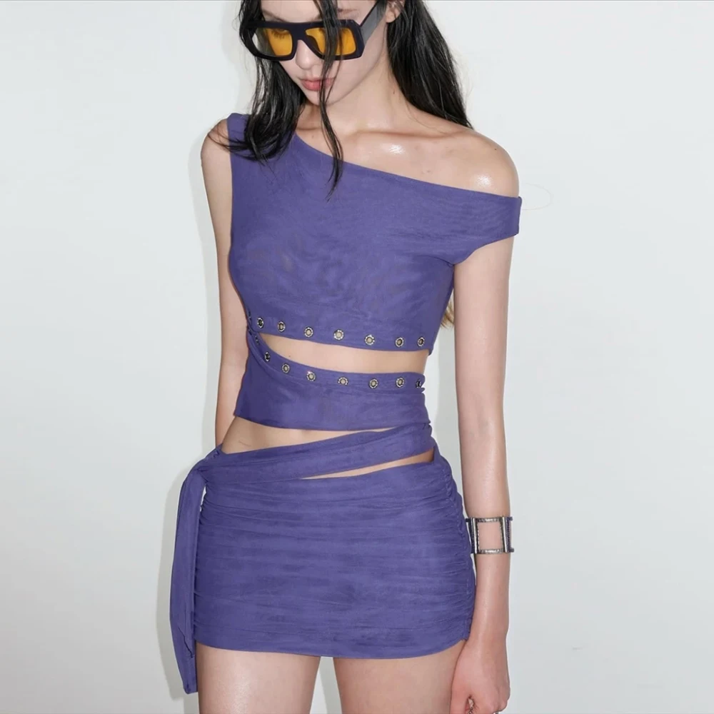 SylCue Sexy Mode 2-teiliges Set Frau Skew Kragen Off Schulter Unregelmäßige Crop Tops + Mini Röcke Heiße Mädchen Straße wilden Stil Anzüge