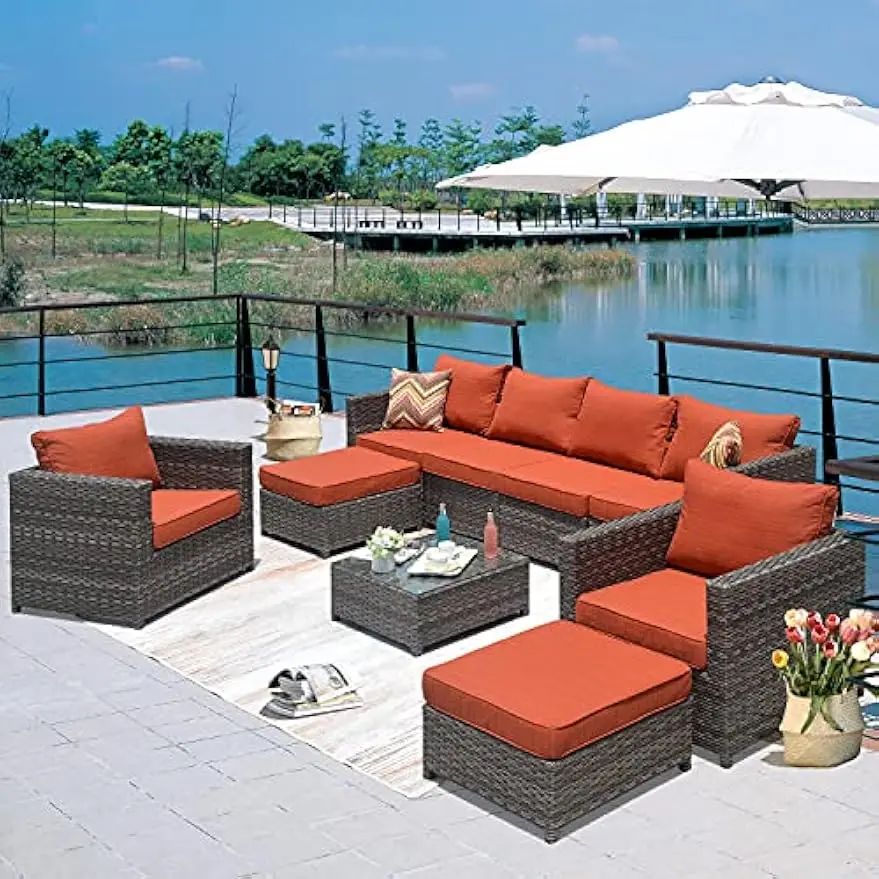 

Patio Furniture Set 9 Pieces Outdoor Conversation Set All Weather Wicker Rattan Sectional Sofa Sets with Chairs Fully Assembled