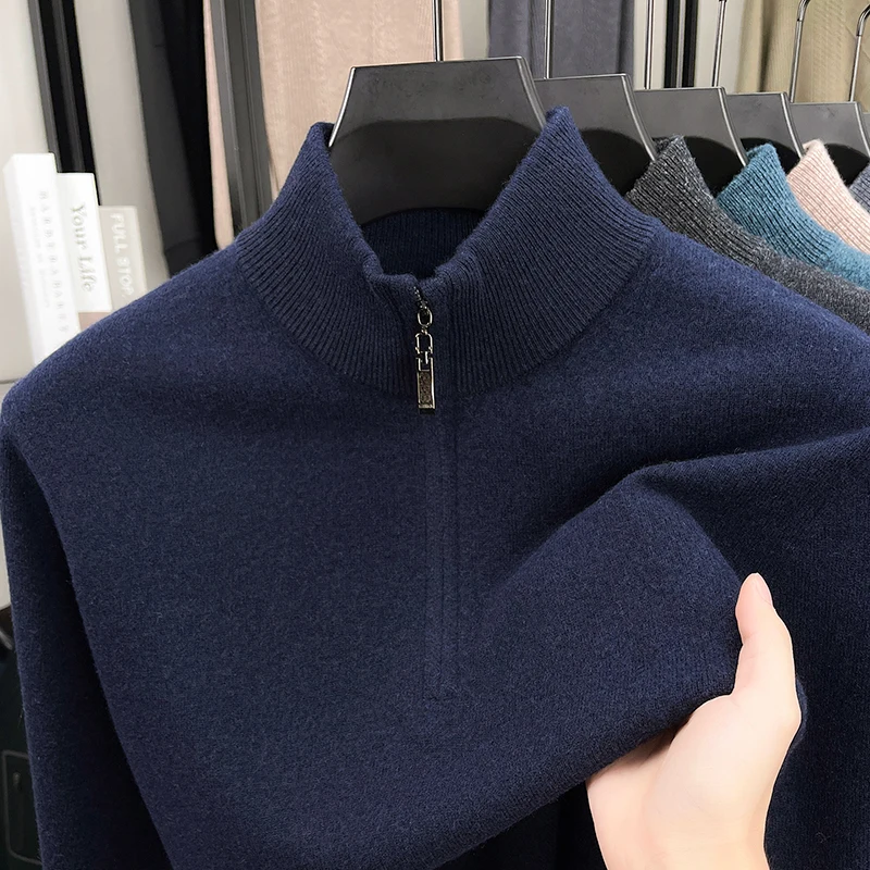 High-End Luxury Man Long Sleeves Knitwear 100%wool Half-Zip Mock Neck Solid Color Korean-Style Youth Vitality Pullover Men'swear